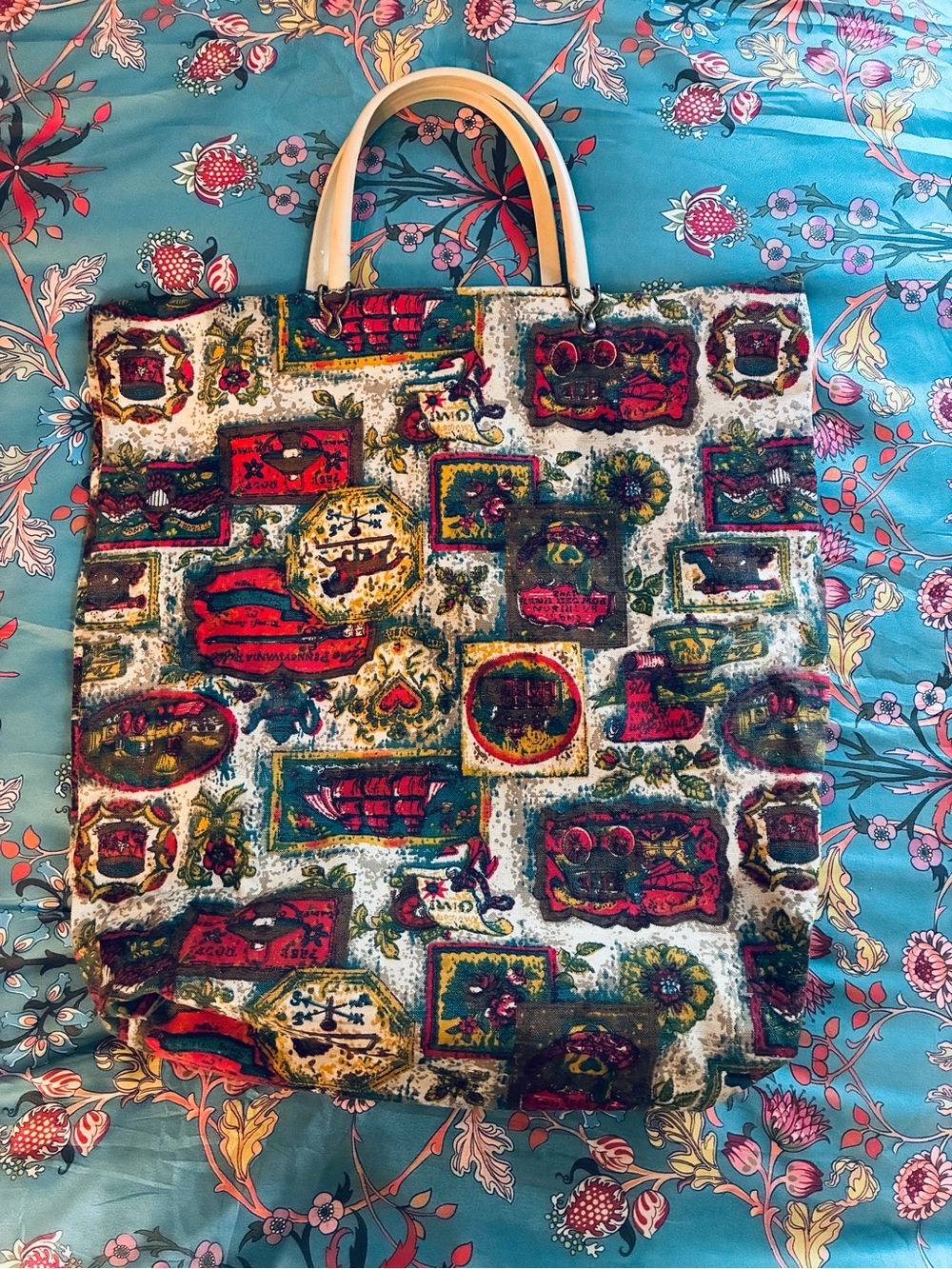 Vintage Printed Canvas Tote Bag with Beige Handles - Multicolor